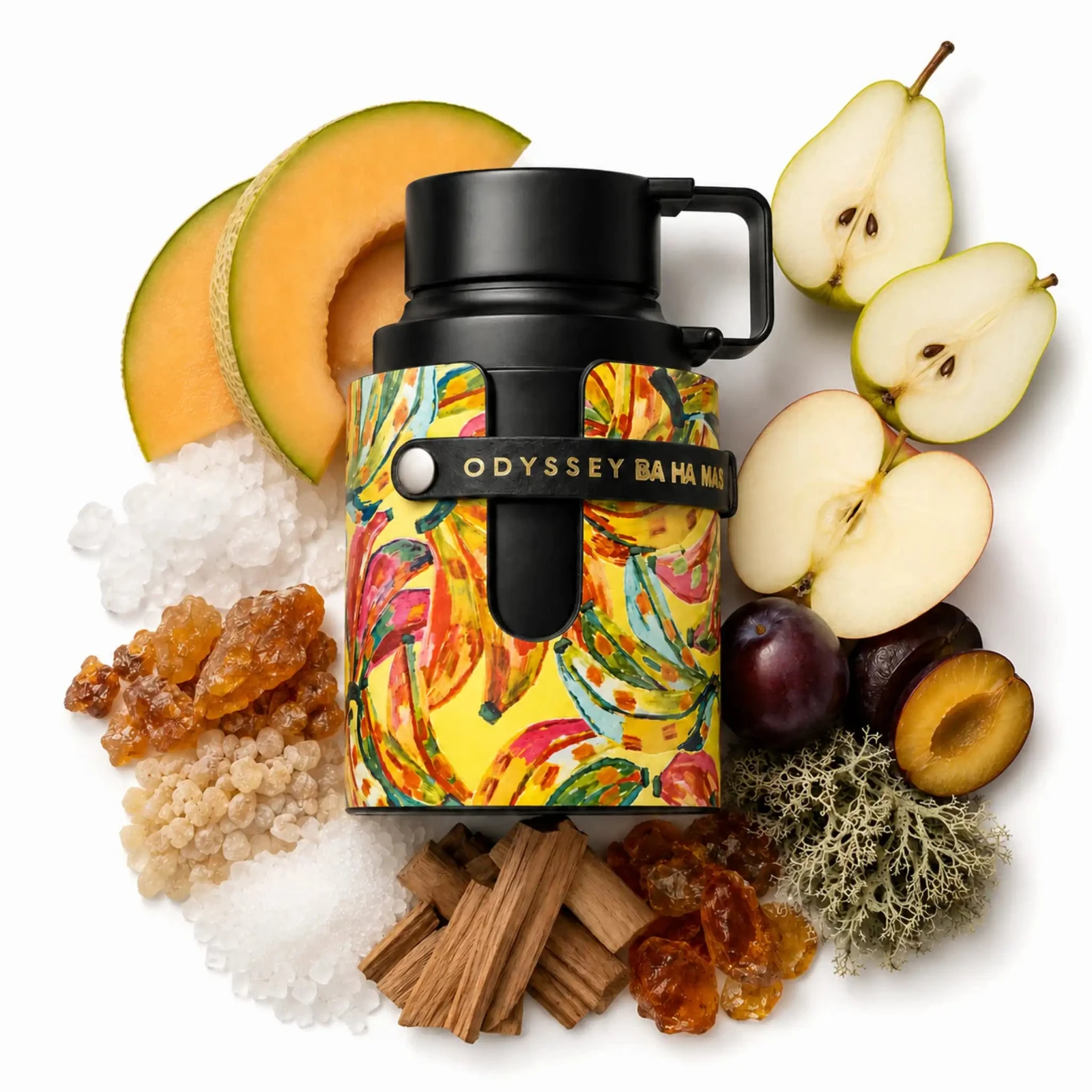 Armaf Odyssey Ba Ha Mas · 100 ml · Unisex — el frasco en un bodegón de ingredientes