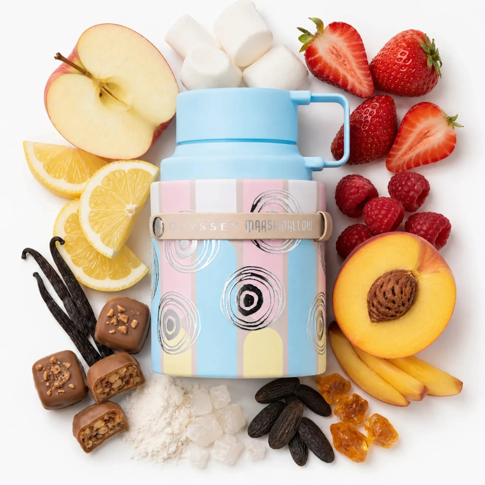 Armaf Odyssey Marshmallow · 100 ml · Unisex — el frasco en un bodegón de ingredientes