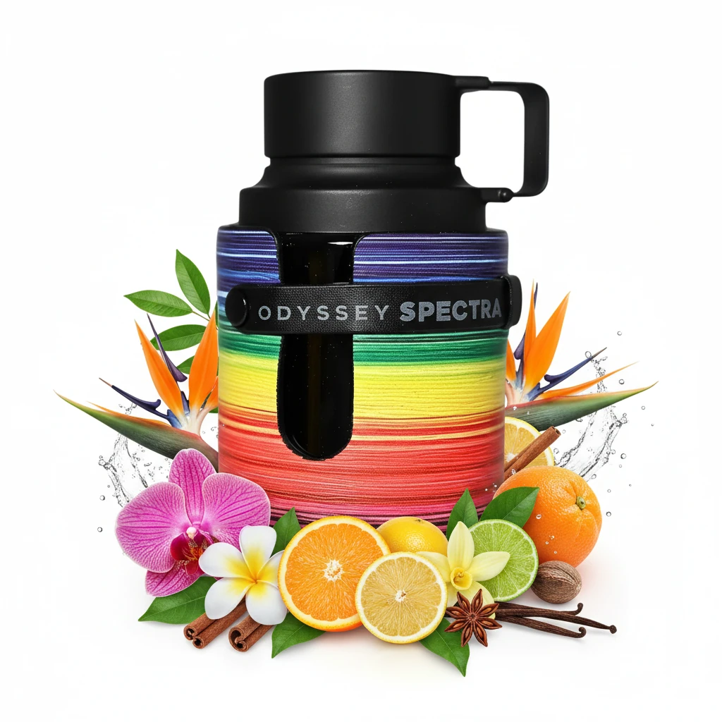 Armaf Odyssey Spectra · Eau de Parfum 100 ml · Unisex — el frasco en un bodegón de ingredientes