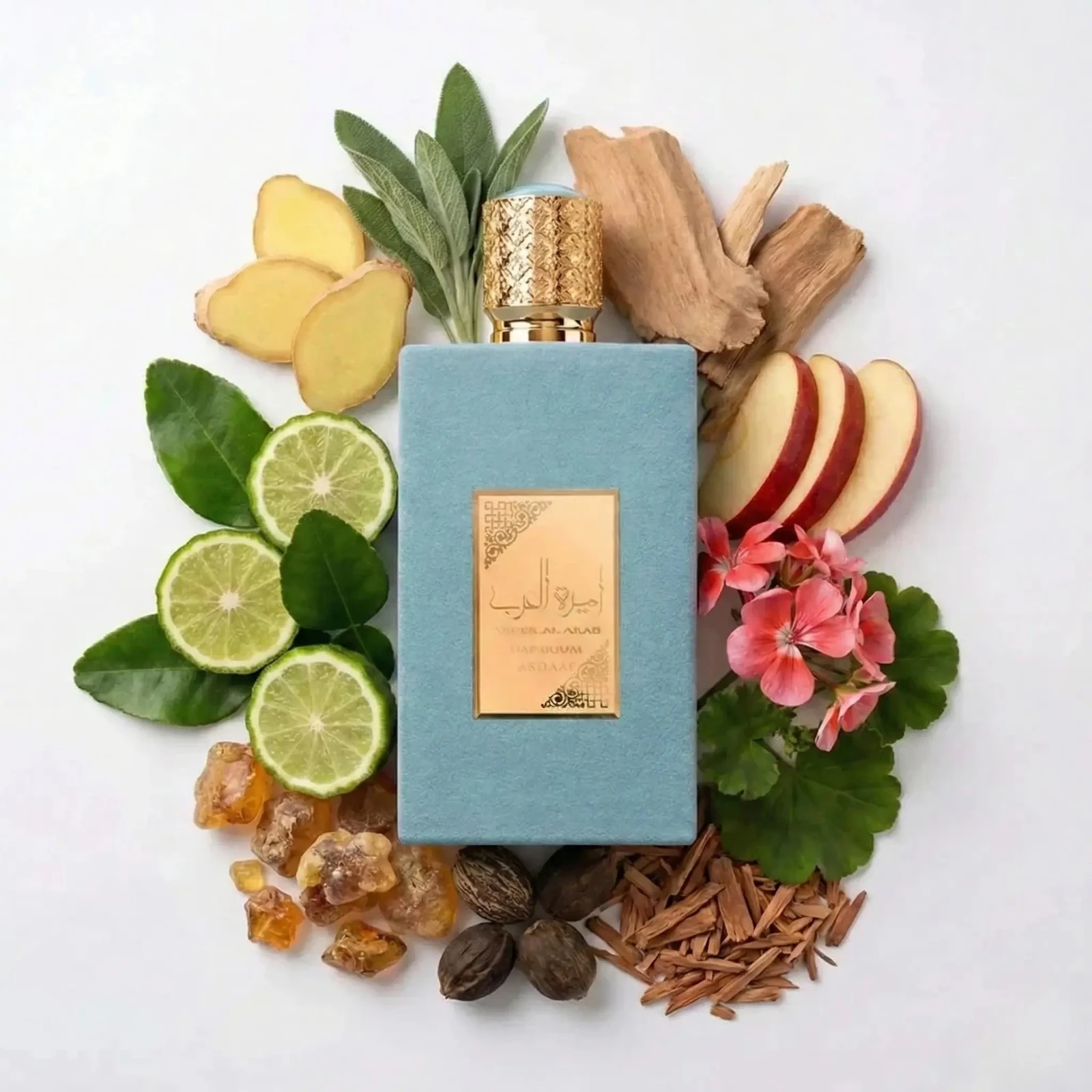 Asdaaf Ameer Al Arab Imperium (Príncipe de Arabia) · 100 ml · para Hombre — el frasco en un bodegón de ingredientes