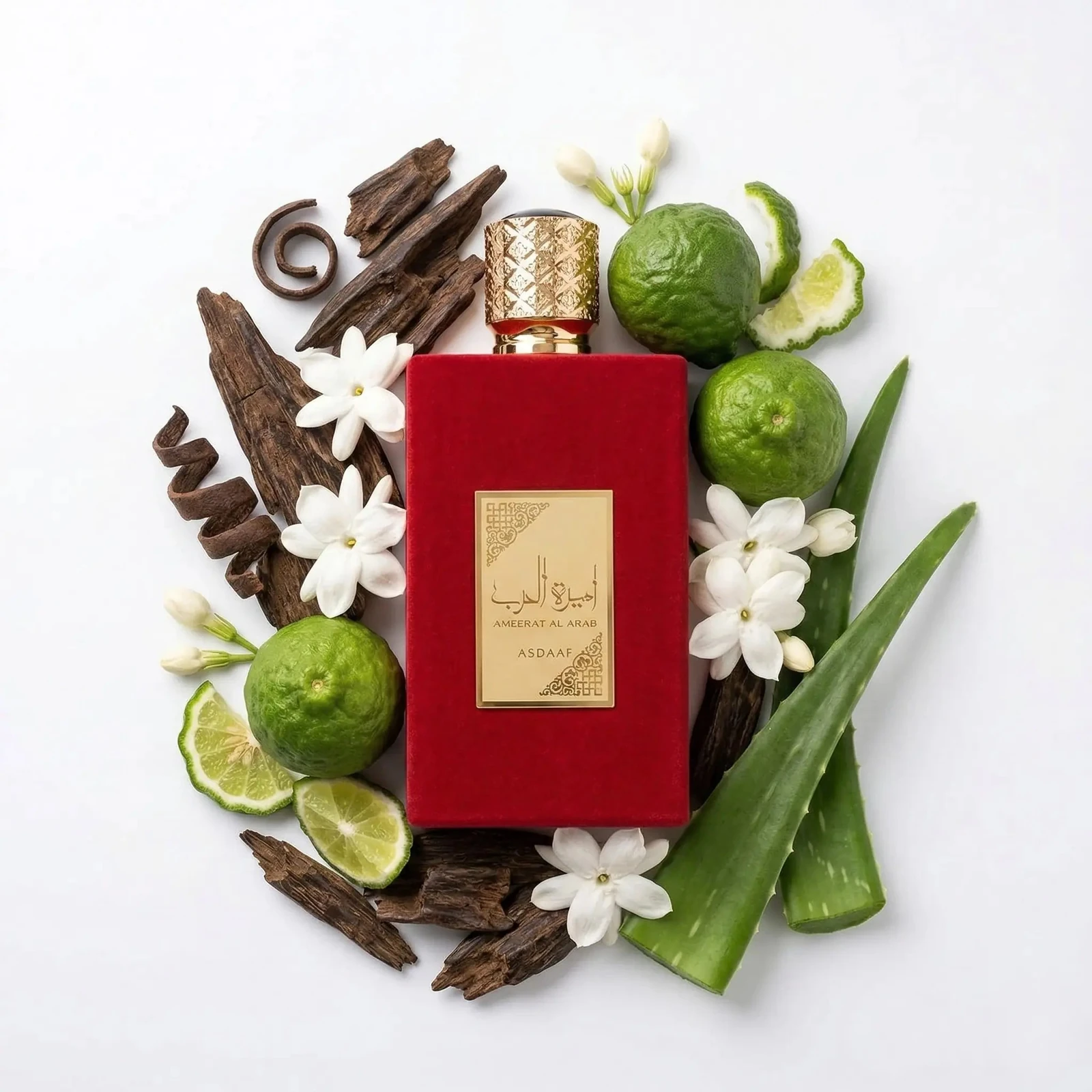 Asdaaf Ameerat Al Arab (Princesa de Arabia) · 100 ml · para Mujer — el frasco en un bodegón de ingredientes