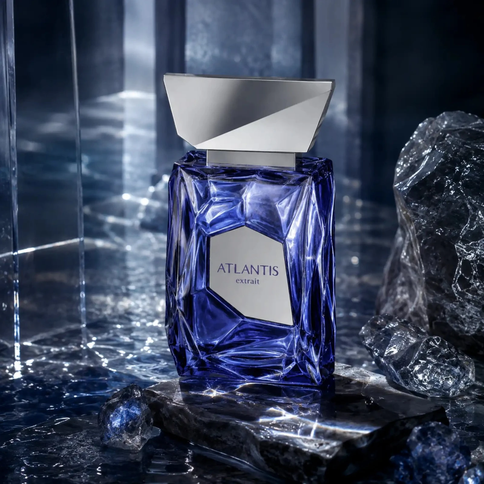 French Avenue Atlantis Extrait · Extrait de Parfum 100 ml · Unisex — el frasco fotografiado en una escena de ambiente