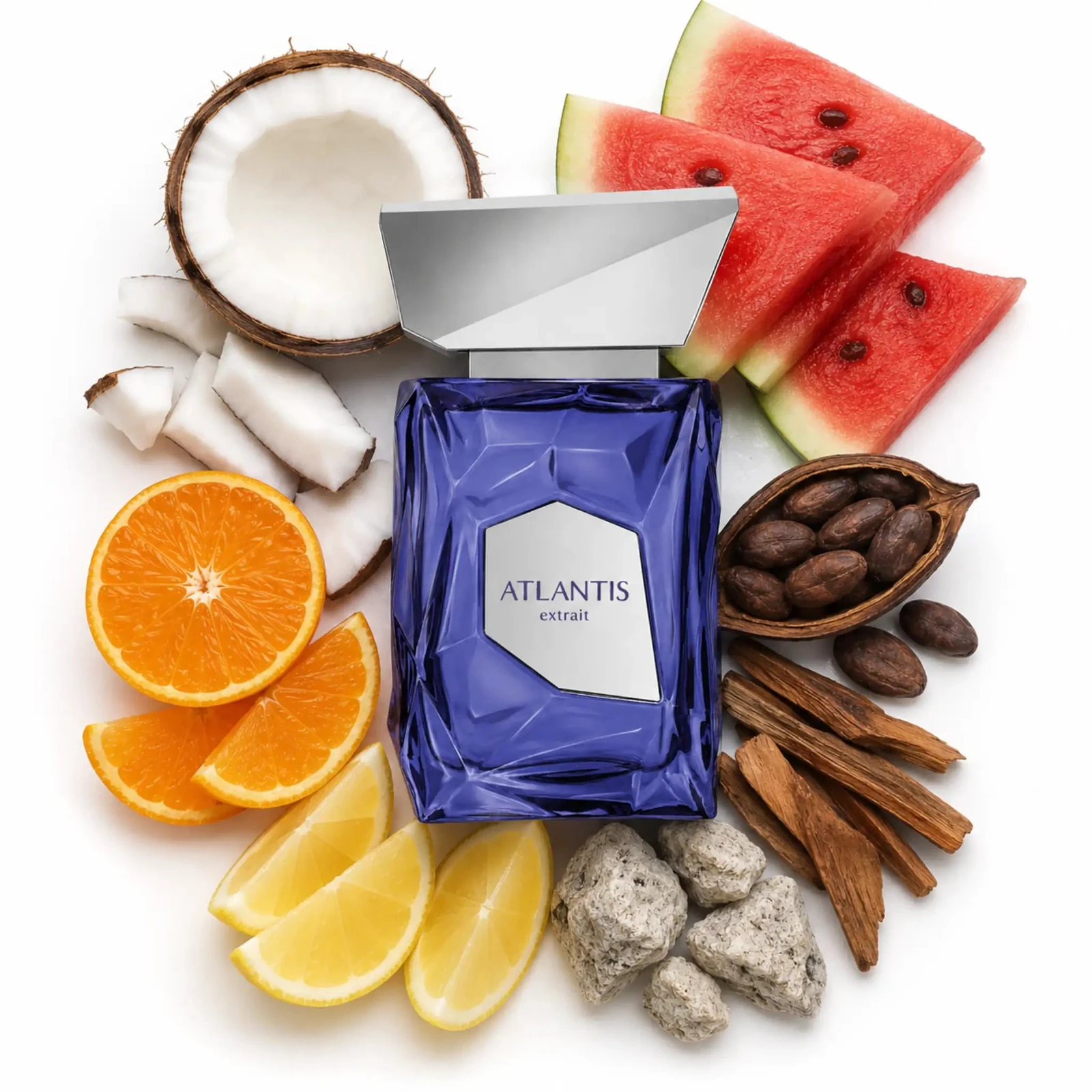 French Avenue Atlantis Extrait · Extrait de Parfum 100 ml · Unisex — el frasco en un bodegón de ingredientes