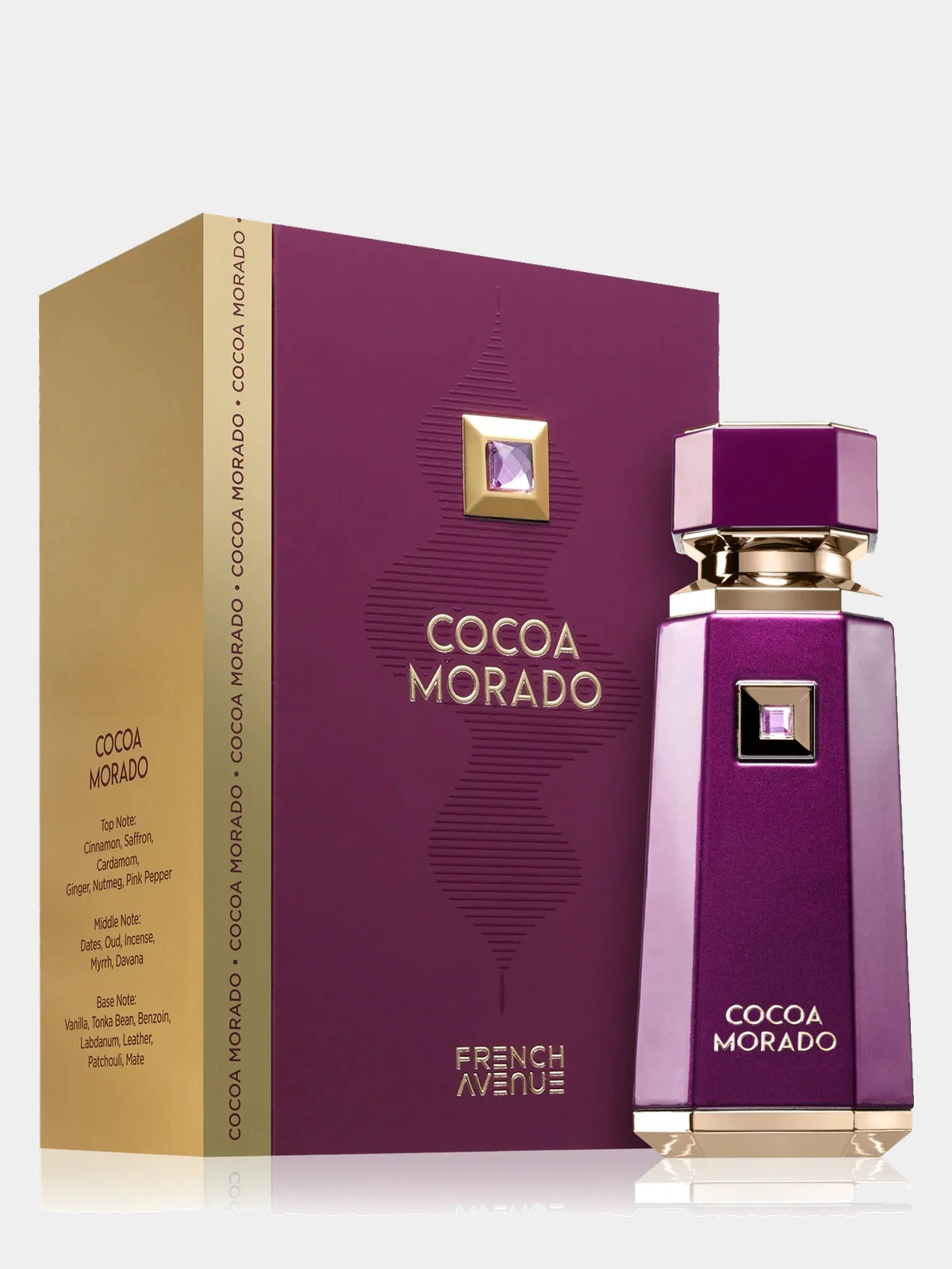 French Avenue Cocoa Morado · Eau de Parfum 100 ml · Unisex — frasco junto a su caja