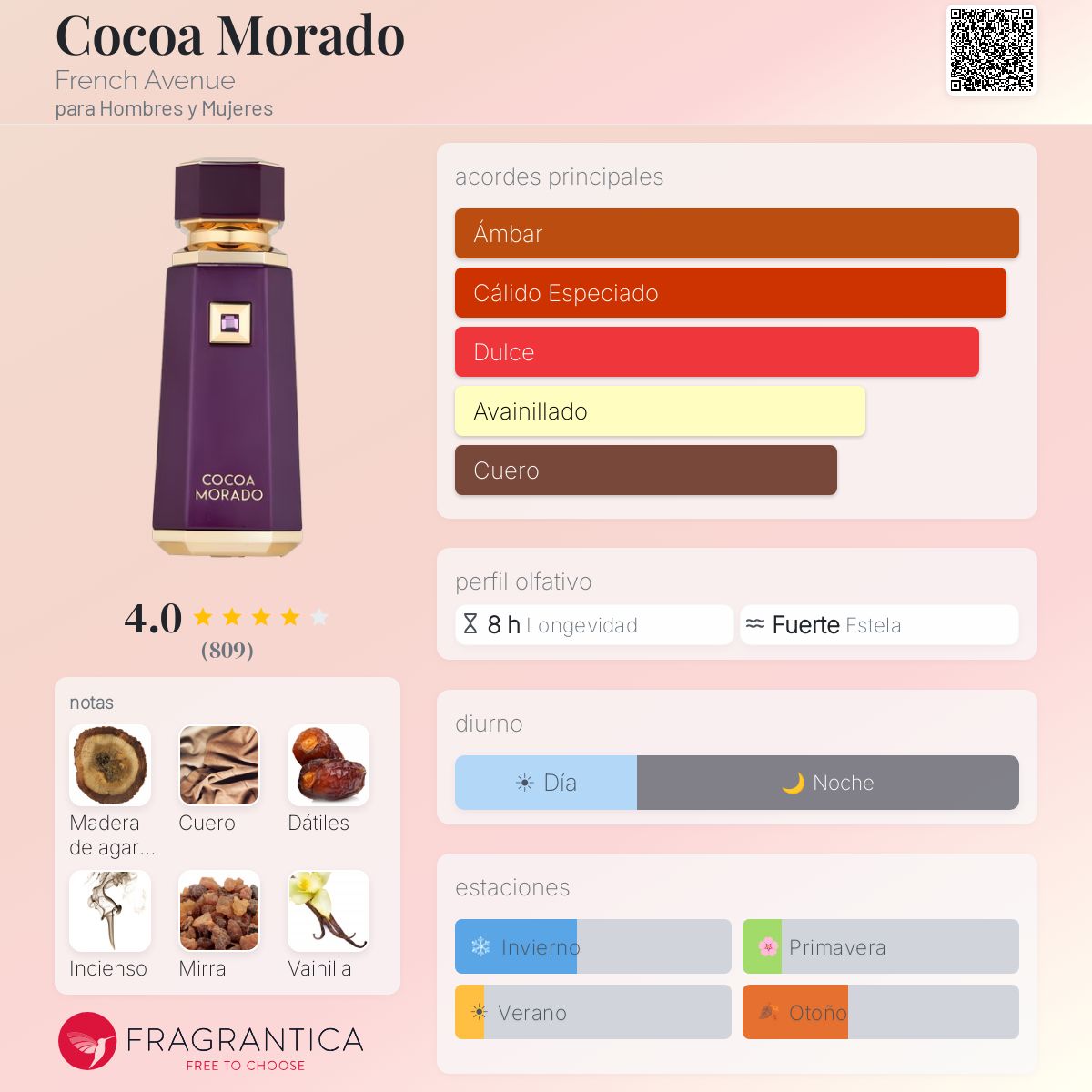 French Avenue Cocoa Morado · Eau de Parfum 100 ml · Unisex — pirámide olfativa con las notas de salida, corazón y fondo