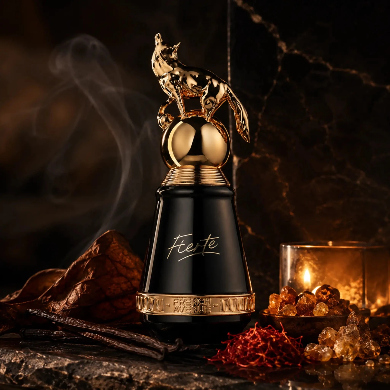 French Avenue Fierte · Eau de Parfum 80 ml · Unisex — el frasco en un bodegón de ingredientes