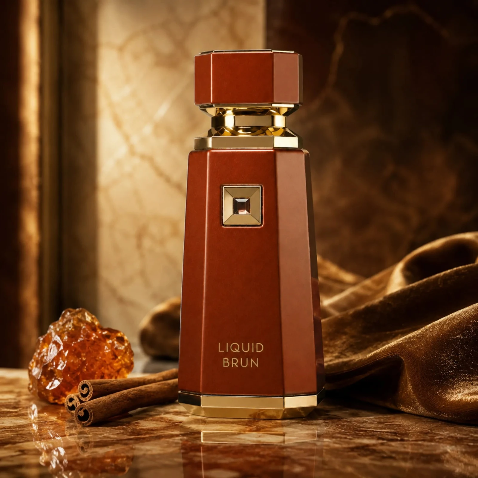 French Avenue Liquid Brun · Eau de Parfum 100 ml · para Hombre — el frasco en un bodegón de ingredientes