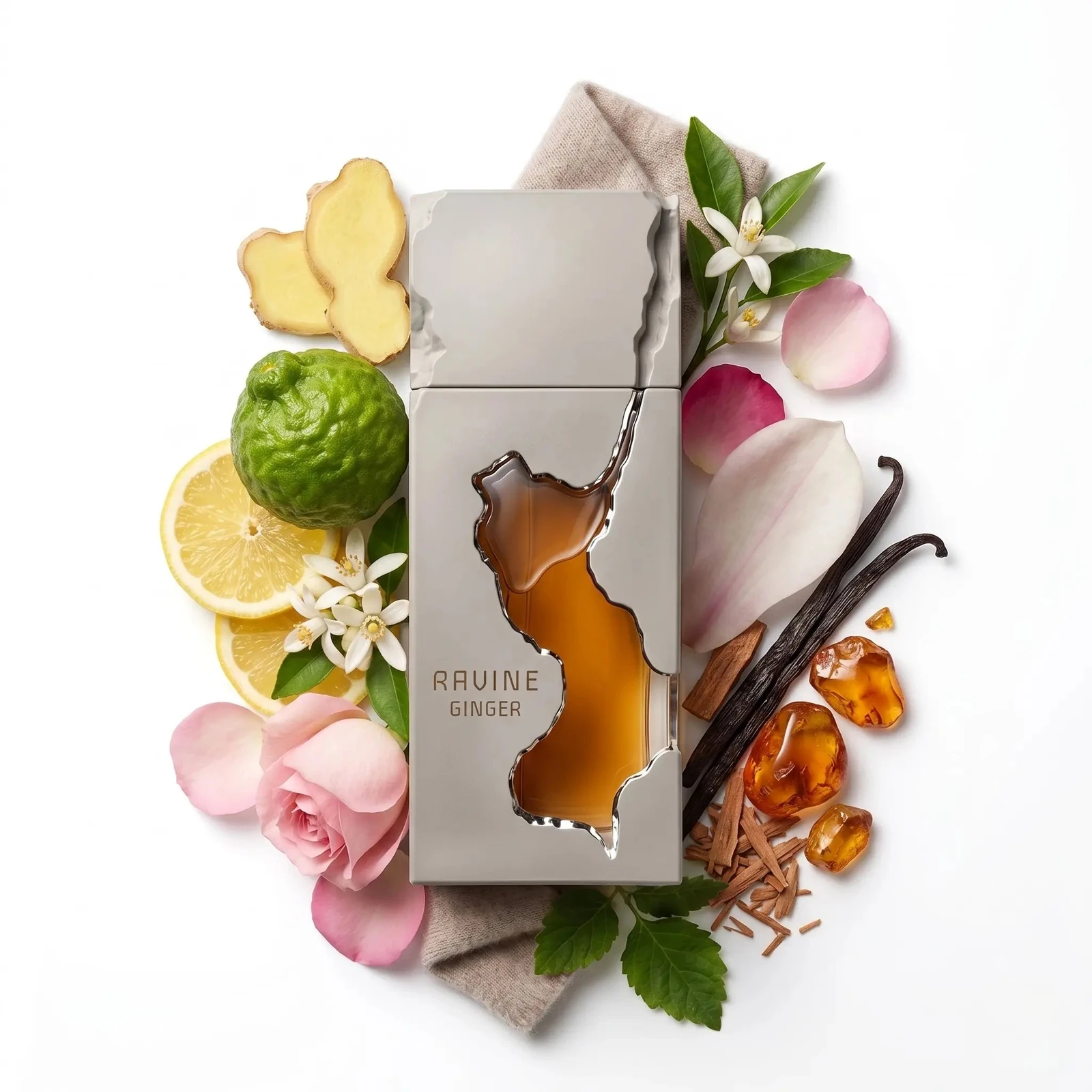 French Avenue Ravine Ginger · 100 ml · Unisex — el frasco en un bodegón de ingredientes
