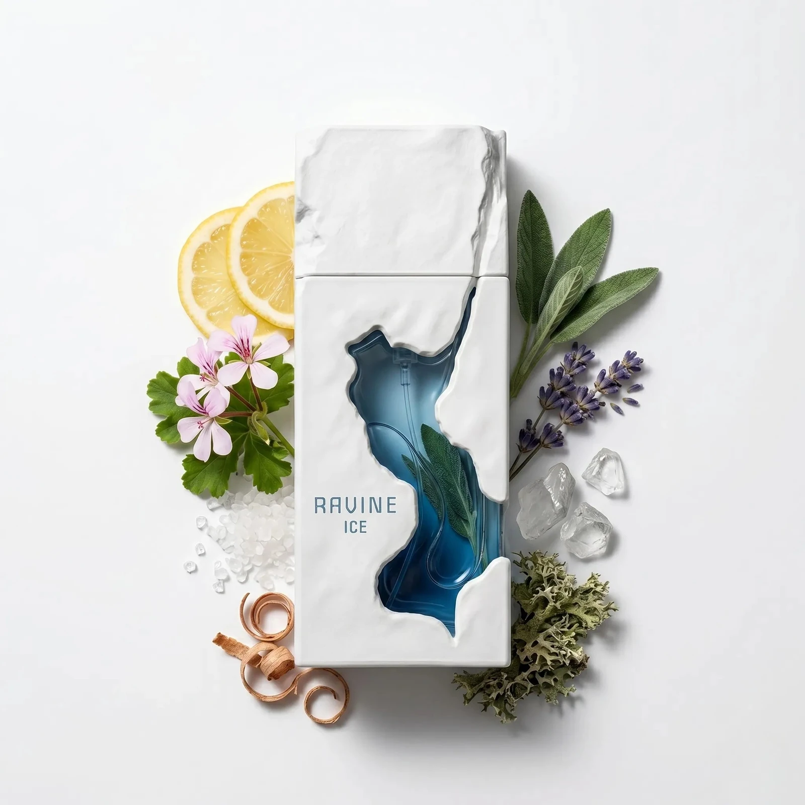 French Avenue Ravine Ice · 100 ml · Unisex — el frasco en un bodegón de ingredientes