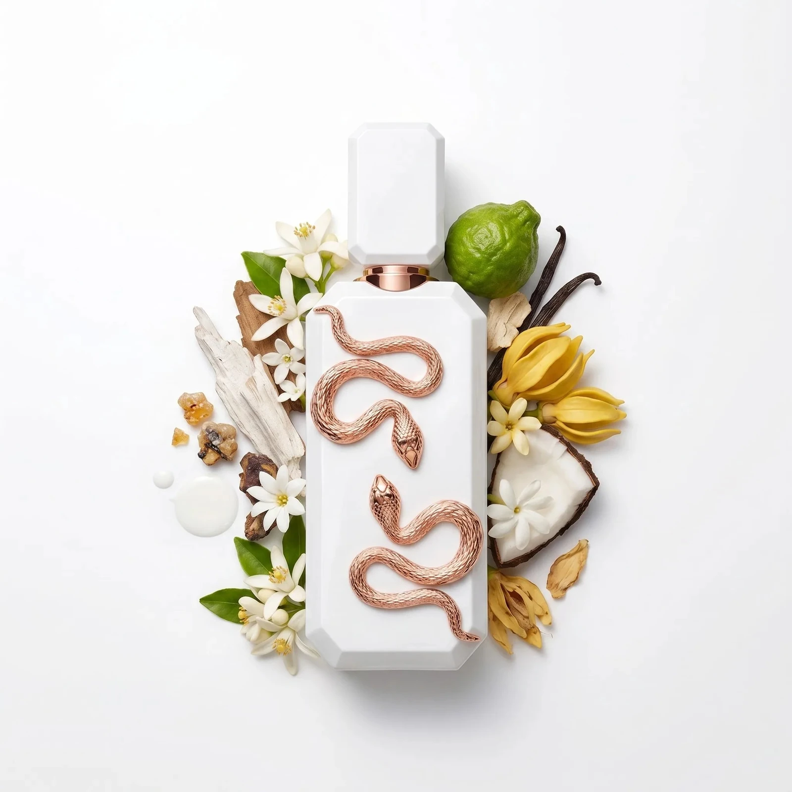 French Avenue Veneno Bianco · 100 ml · Unisex — el frasco en un bodegón de ingredientes