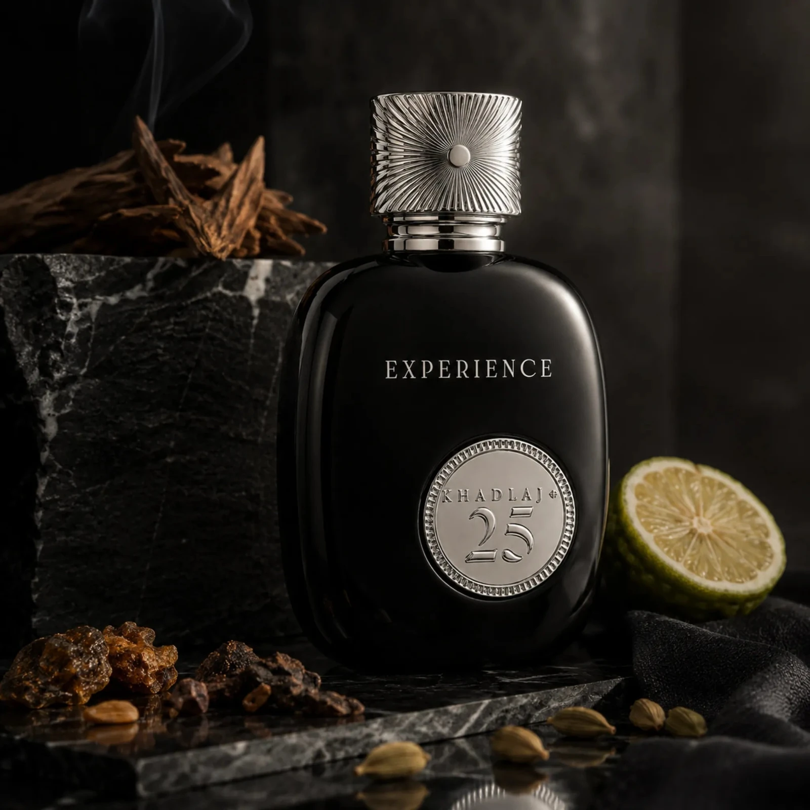 Khadlaj 25 Experience · Eau de Parfum 100 ml · Unisex — el frasco en un bodegón de ingredientes