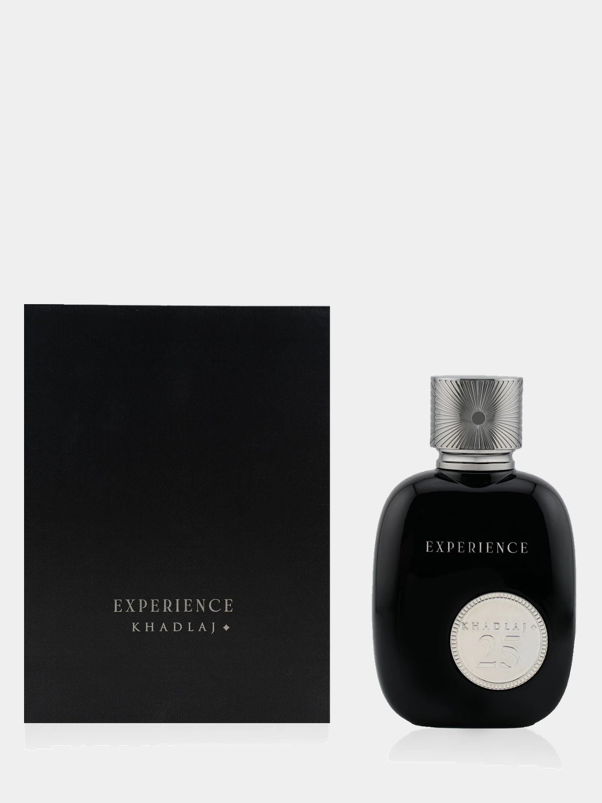 Khadlaj 25 Experience · Eau de Parfum 100 ml · Unisex — frasco junto a la cara lisa de la caja, con el nombre grabado