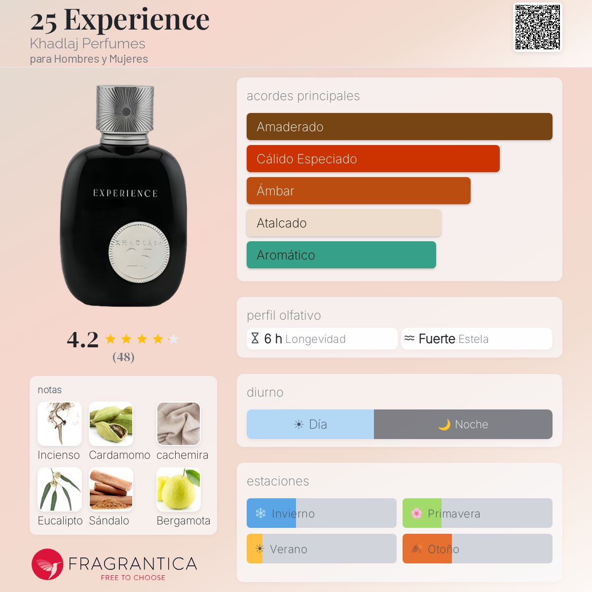 Khadlaj 25 Experience · Eau de Parfum 100 ml · Unisex — pirámide olfativa con las notas de salida, corazón y fondo