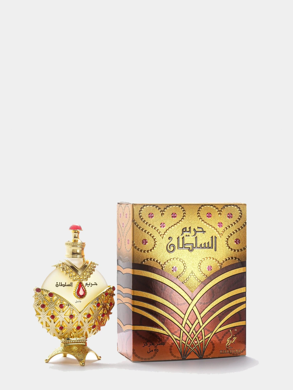 Khadlaj Hareem Al Sultan Gold · 35 ml · para Mujer — frasco junto a su caja con caligrafía árabe