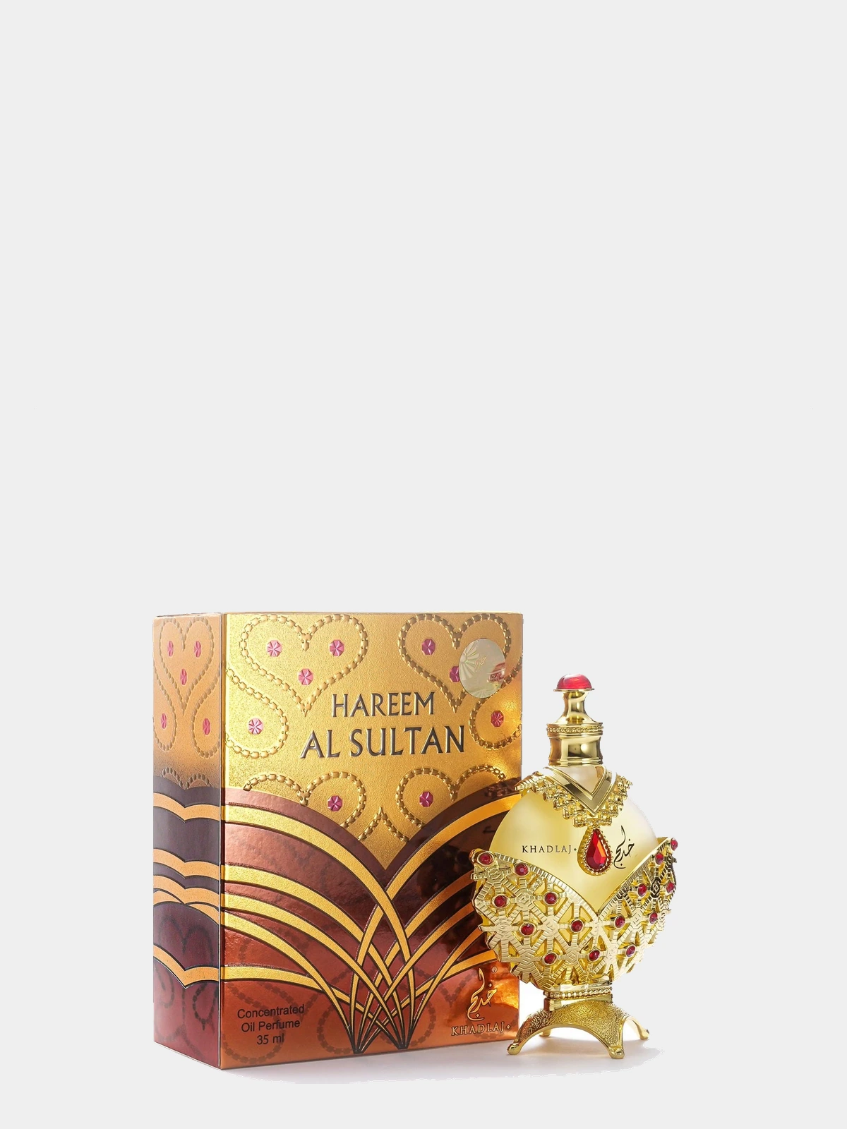 Khadlaj Hareem Al Sultan Gold · 35 ml · para Mujer — frasco junto a su caja