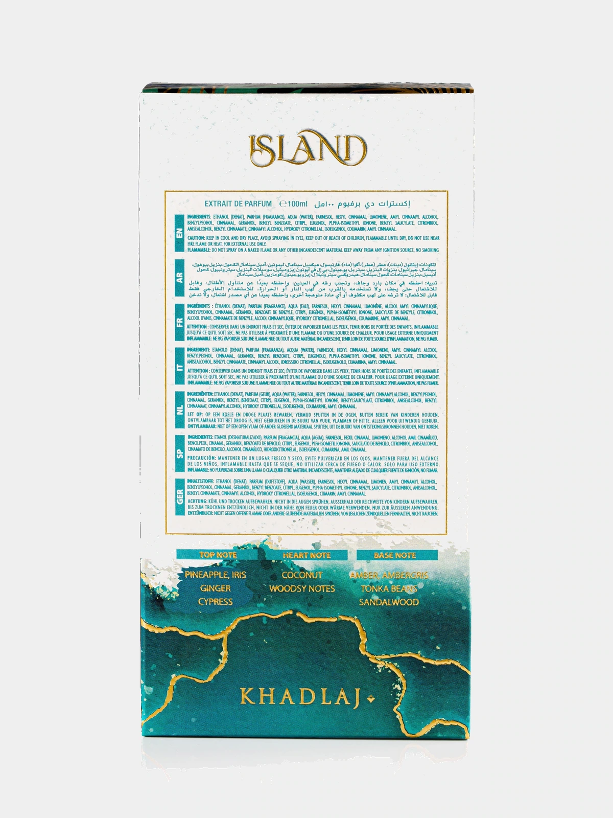 Khadlaj Island · Extrait de Parfum 100 ml · Unisex — reverso de la caja, con la composición y los ingredientes