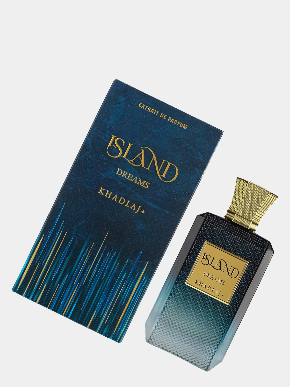 Khadlaj Island Dreams · Extrait de Parfum 100 ml · Unisex — frasco junto a su caja, vista cenital
