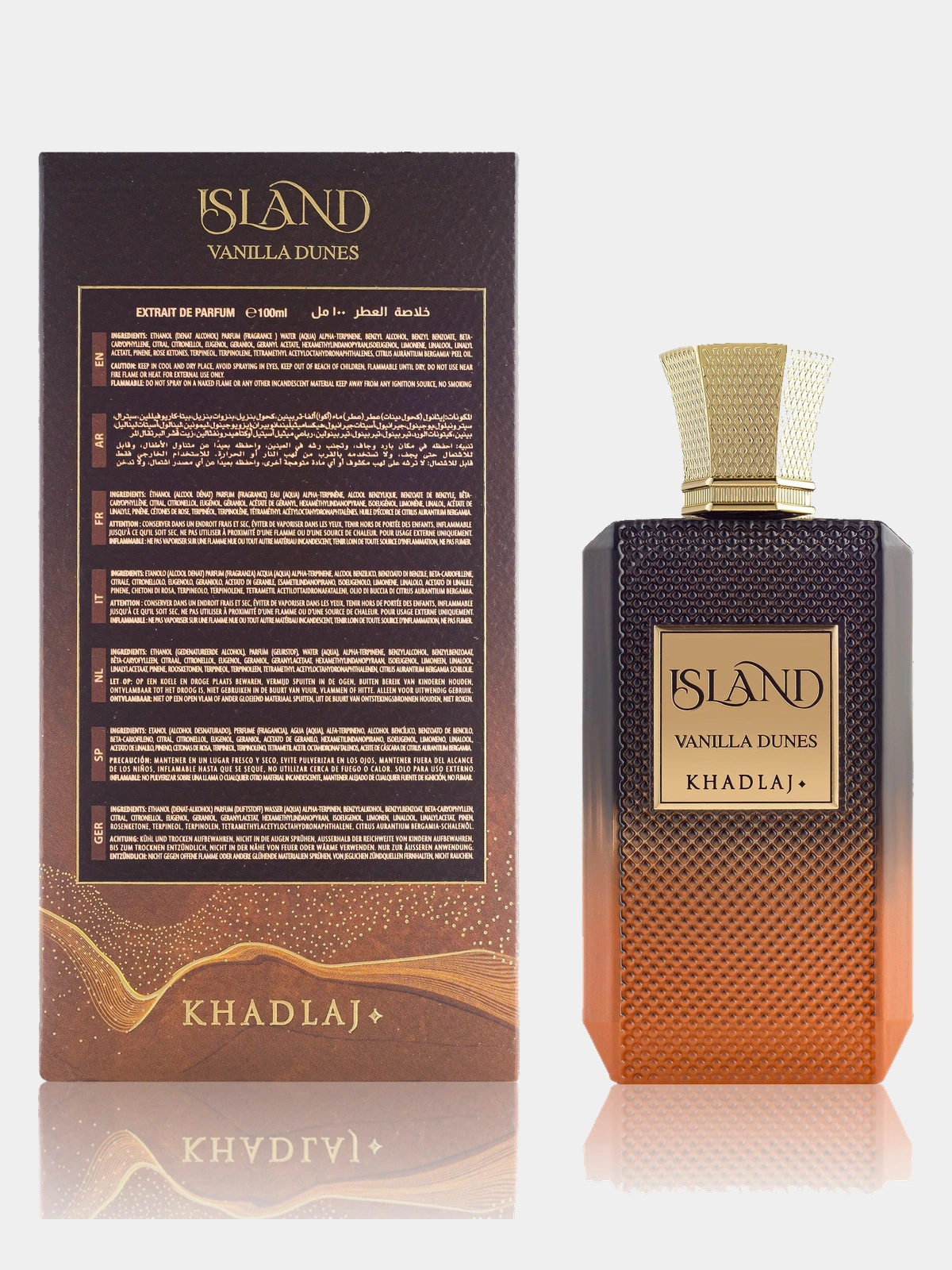 Khadlaj Island Vanilla Dunes · Extrait de Parfum 100 ml · Unisex — reverso de la caja, con la composición y los ingredientes