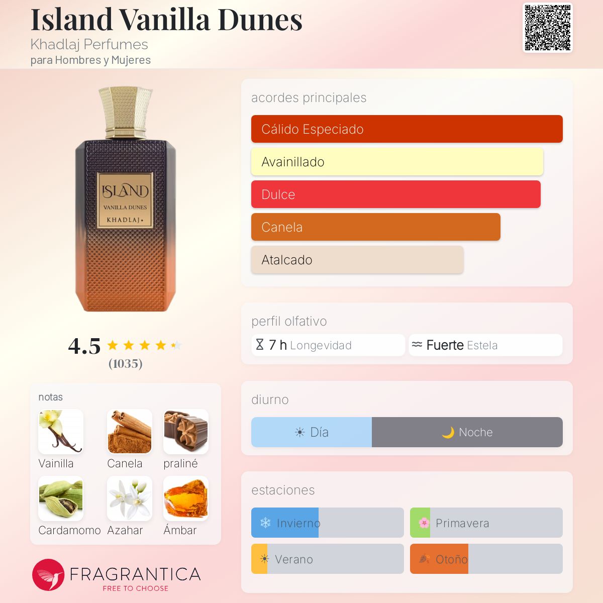 Khadlaj Island Vanilla Dunes · Extrait de Parfum 100 ml · Unisex — pirámide olfativa con las notas de salida, corazón y fondo