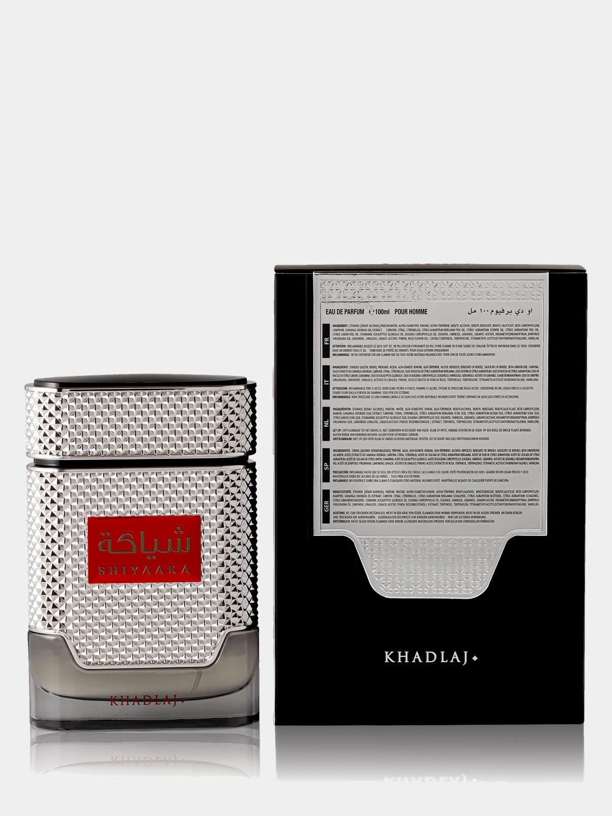 Khadlaj Shiyaaka For Men · Eau de Parfum 100 ml · para Hombre — reverso de la caja, con la composición y los ingredientes