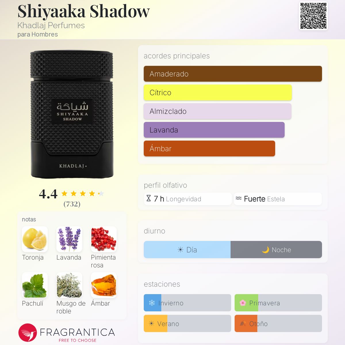 Khadlaj Shiyaaka Shadow · Eau de Parfum 100 ml · para Hombre — pirámide olfativa con las notas de salida, corazón y fondo