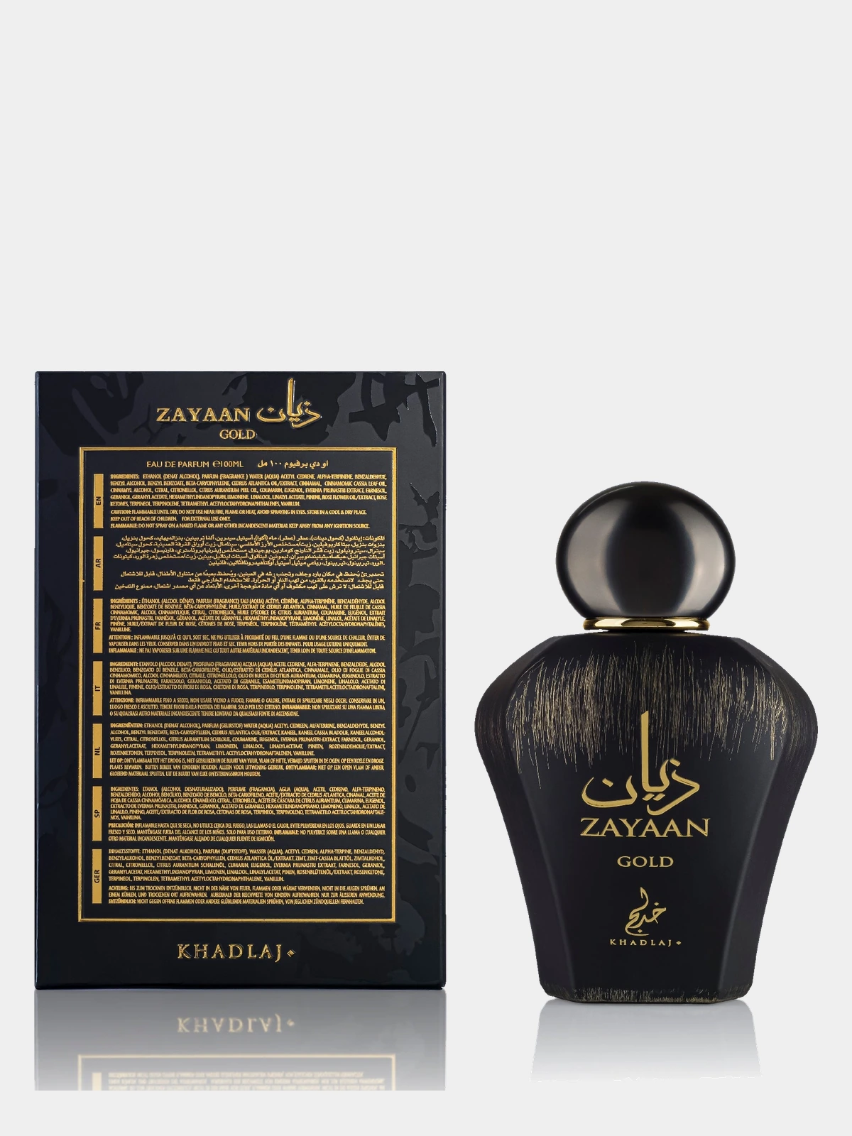 Khadlaj Zayaan Gold · Eau de Parfum 100 ml · Unisex — reverso de la caja, con la composición y los ingredientes