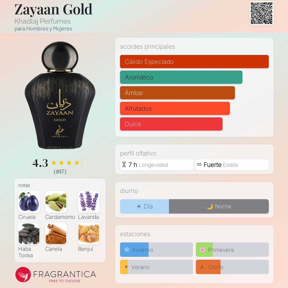 Khadlaj Zayaan Gold · Eau de Parfum 100 ml · Unisex — pirámide olfativa con las notas de salida, corazón y fondo