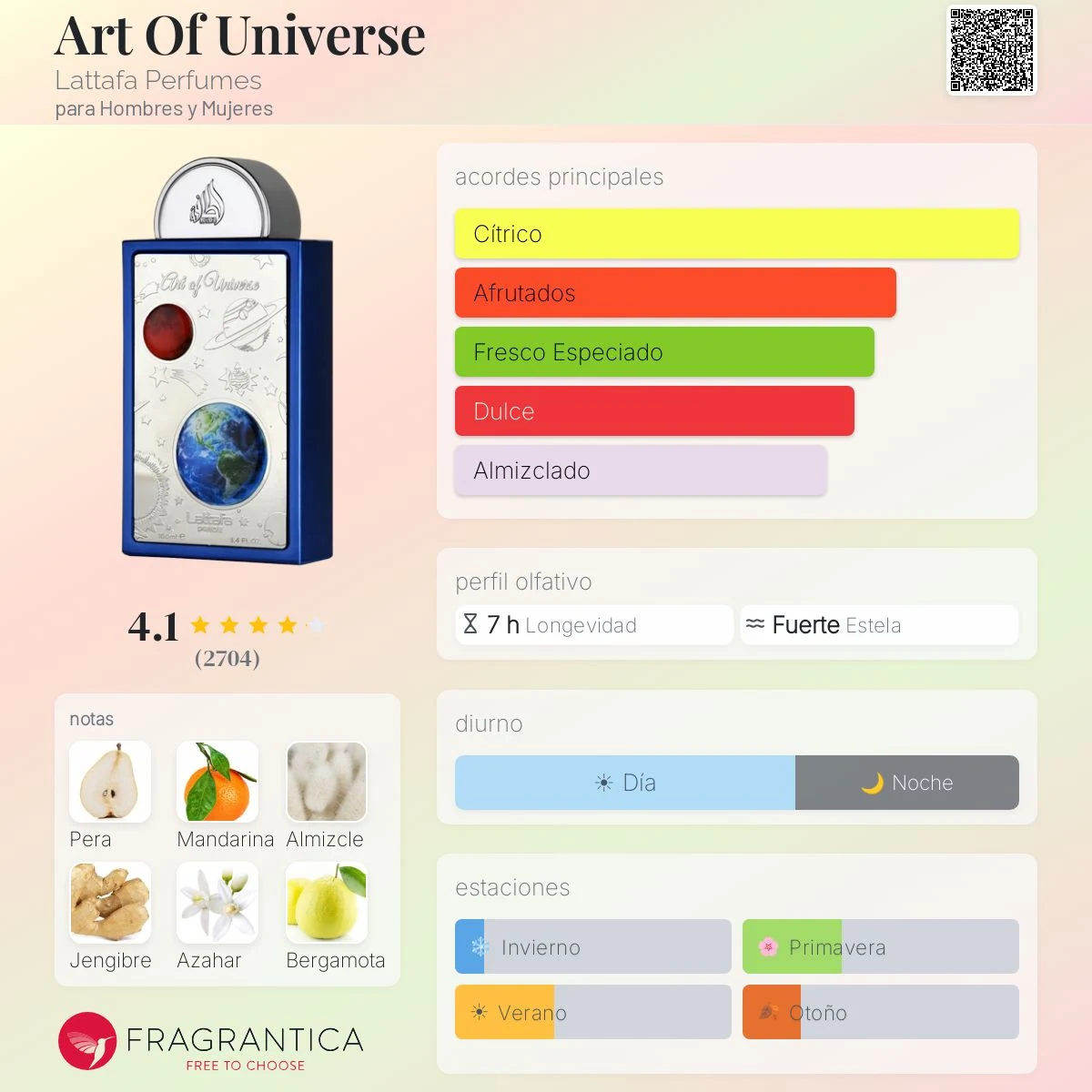 Lattafa Art of Universe · Eau de Parfum 100 ml · Unisex — pirámide olfativa con las notas de salida, corazón y fondo