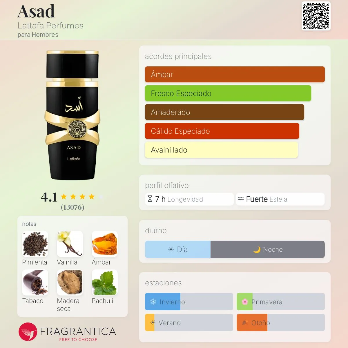 Lattafa Asad · Eau de Parfum 100 ml · para Hombre — pirámide olfativa con las notas de salida, corazón y fondo
