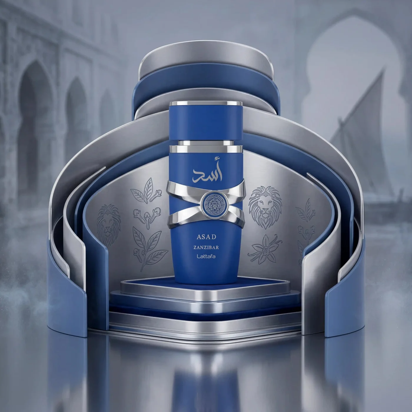 Lattafa Asad Zanzibar · 100 ml · para Hombre — el frasco fotografiado en una escena de ambiente