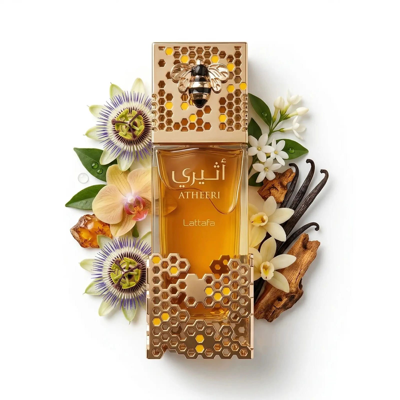 Lattafa Atheeri · Eau de Parfum 100 ml · para Mujer — el frasco en un bodegón de ingredientes