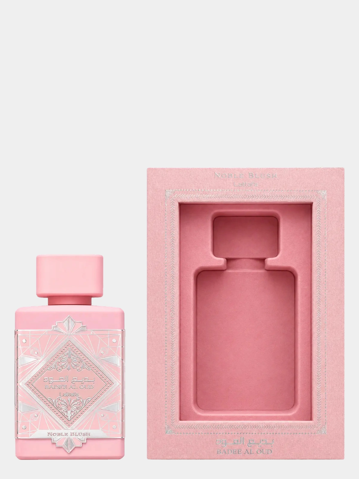 Lattafa Bade'e Al Oud Noble Blush · 100 ml · para Mujer — frasco junto a su caja