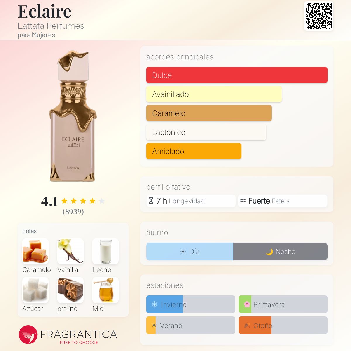 Lattafa Eclaire · Eau de Parfum 100 ml · para Mujer — pirámide olfativa con las notas de salida, corazón y fondo