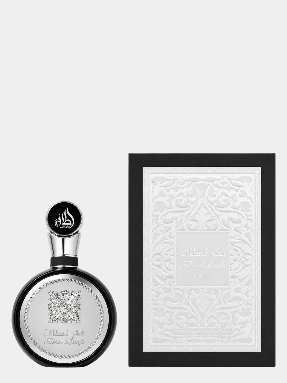 Lattafa Fakhar Silver · 100 ml · para Hombre — frasco junto a su caja