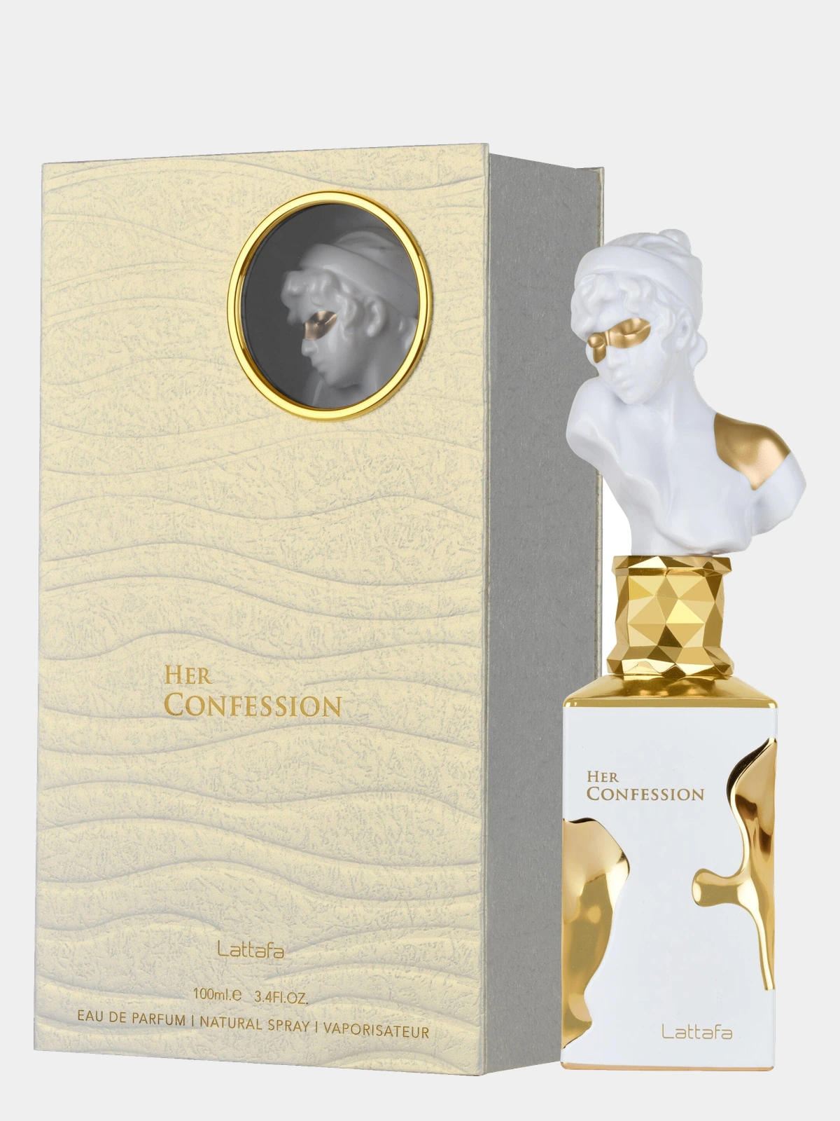 Lattafa Her Confession · Eau de Parfum 100 ml · para Mujer — frasco junto a su caja