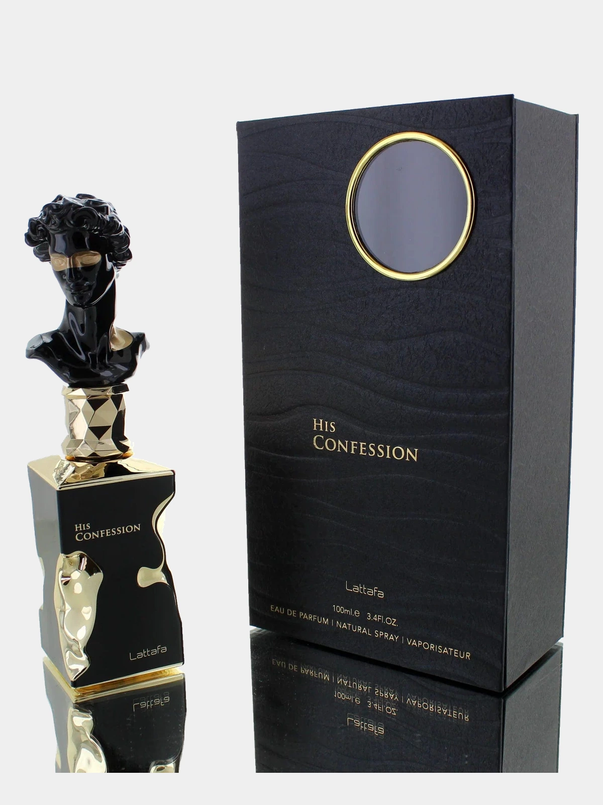 Lattafa His Confession · Eau de Parfum 100 ml · para Hombre — frasco junto a su caja