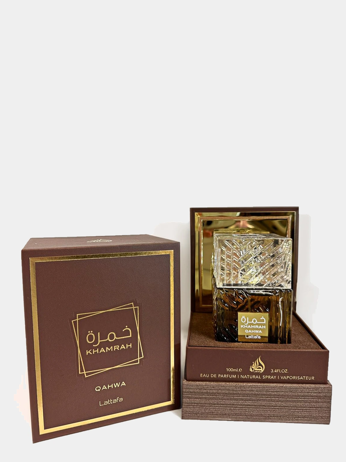 Lattafa Khamrah Qahwa · Eau de Parfum 100 ml · Unisex — el estuche abierto con el frasco dentro