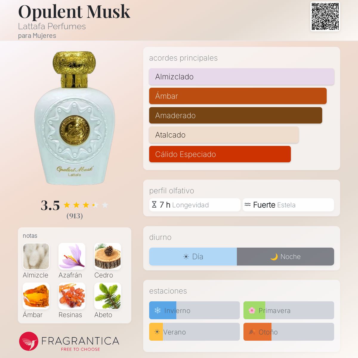 Lattafa Opulent Musk · Eau de Parfum 100 ml · Unisex — pirámide olfativa con las notas de salida, corazón y fondo