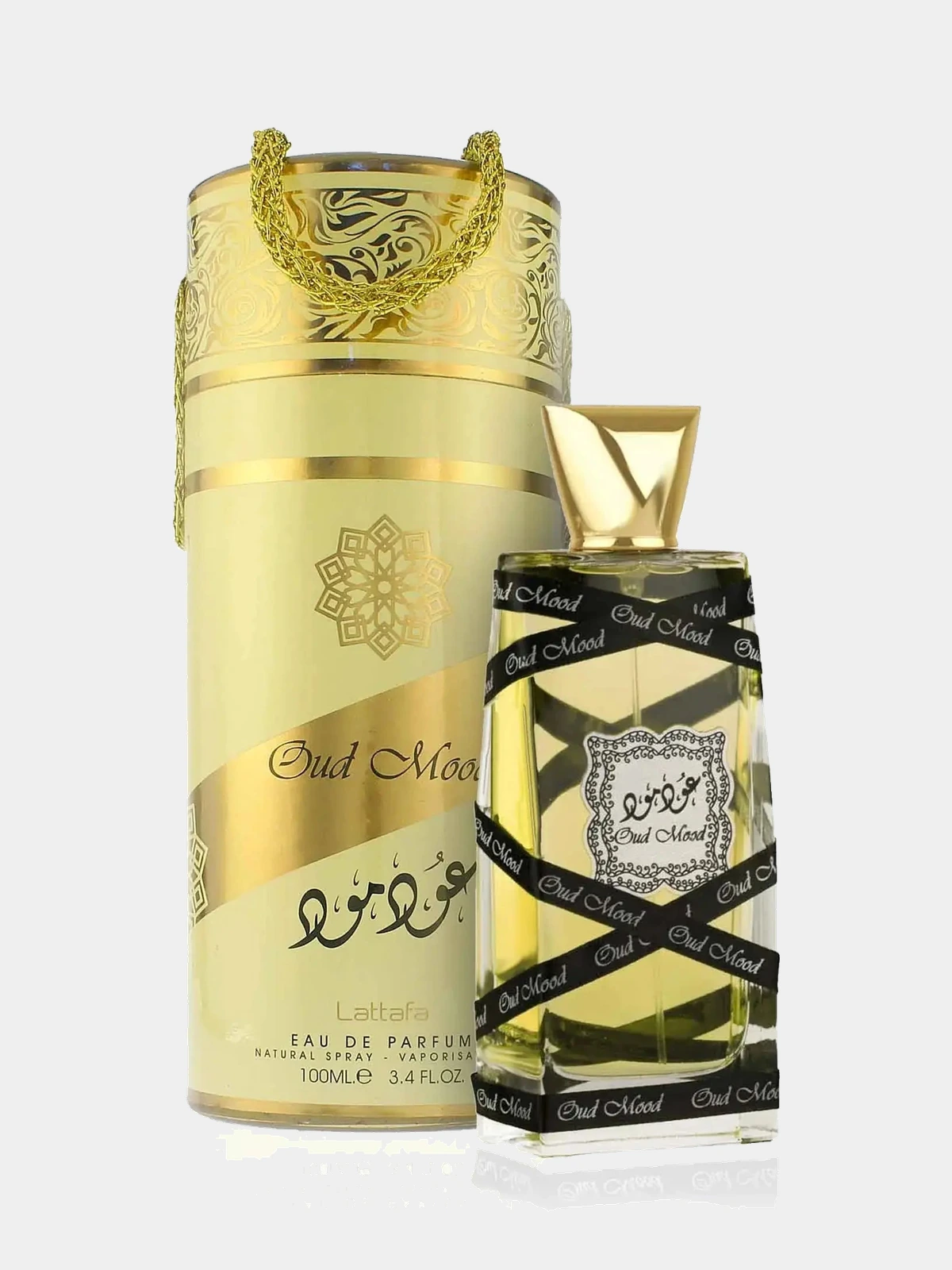 Lattafa Oud Mood · Eau de Parfum 100 ml · Unisex — frasco junto a su caja