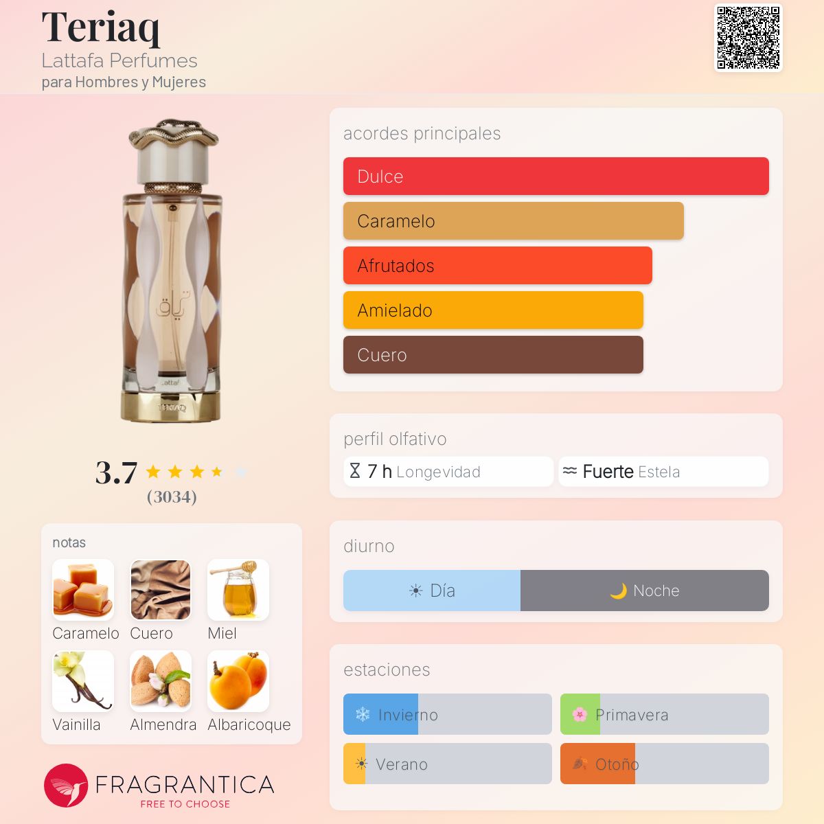 Lattafa Teriaq · Eau de Parfum 100 ml · Unisex — pirámide olfativa con las notas de salida, corazón y fondo