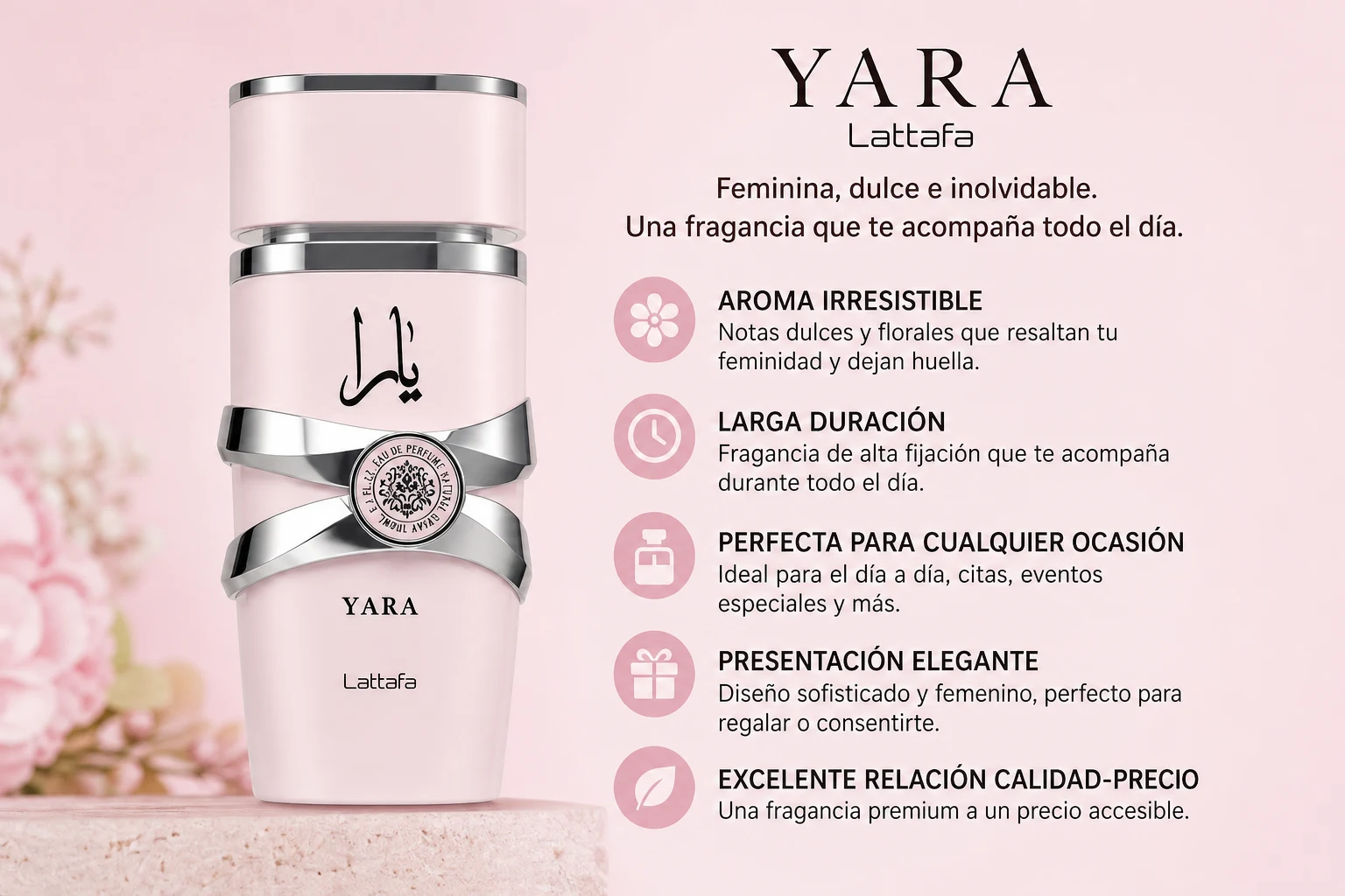 Lattafa Yara · Eau de Parfum 100 ml · para Mujer — resumen ilustrado de sus características