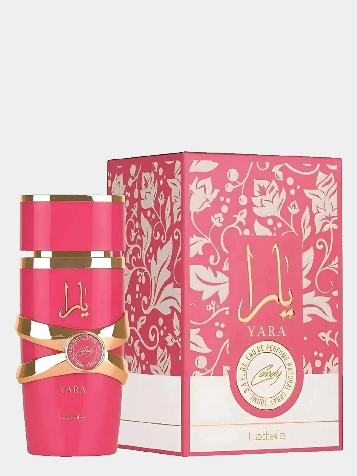 Lattafa Yara Candy · Eau de Parfum 100 ml · para Mujer — frasco junto a su caja
