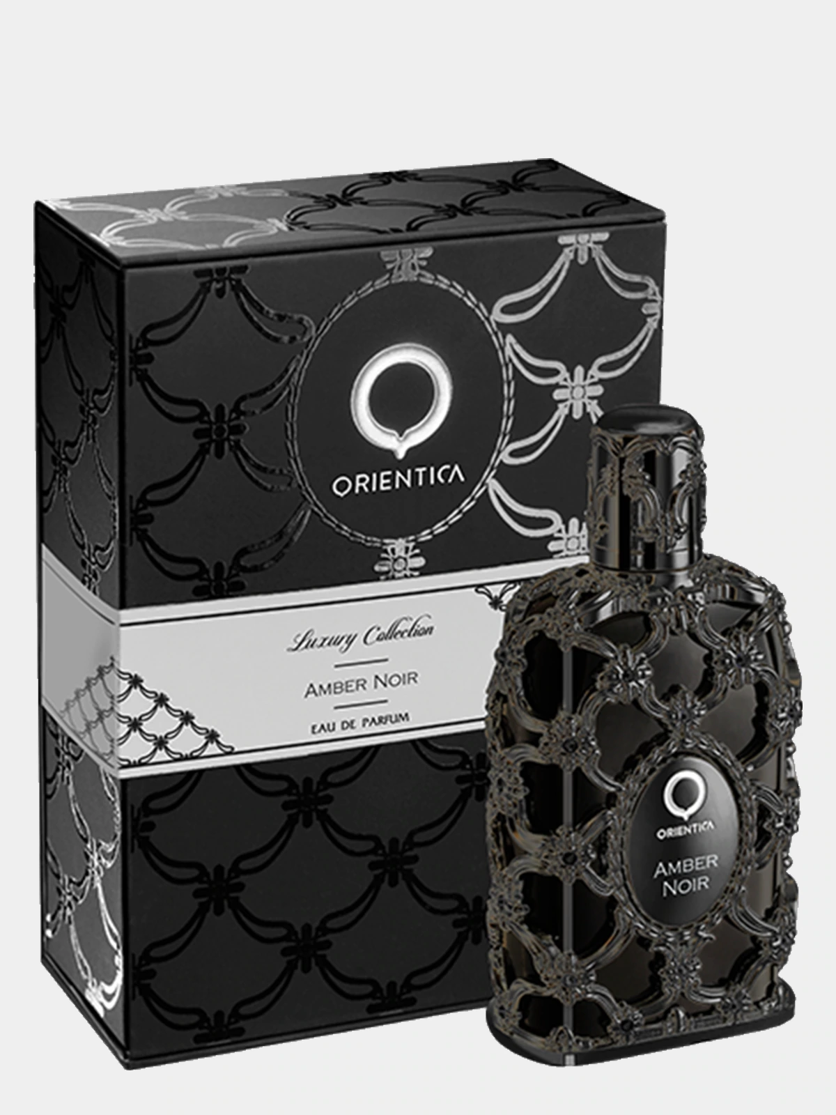 Orientica Amber Noir · Eau de Parfum 80 ml · Unisex — frasco junto a su caja vista de lado