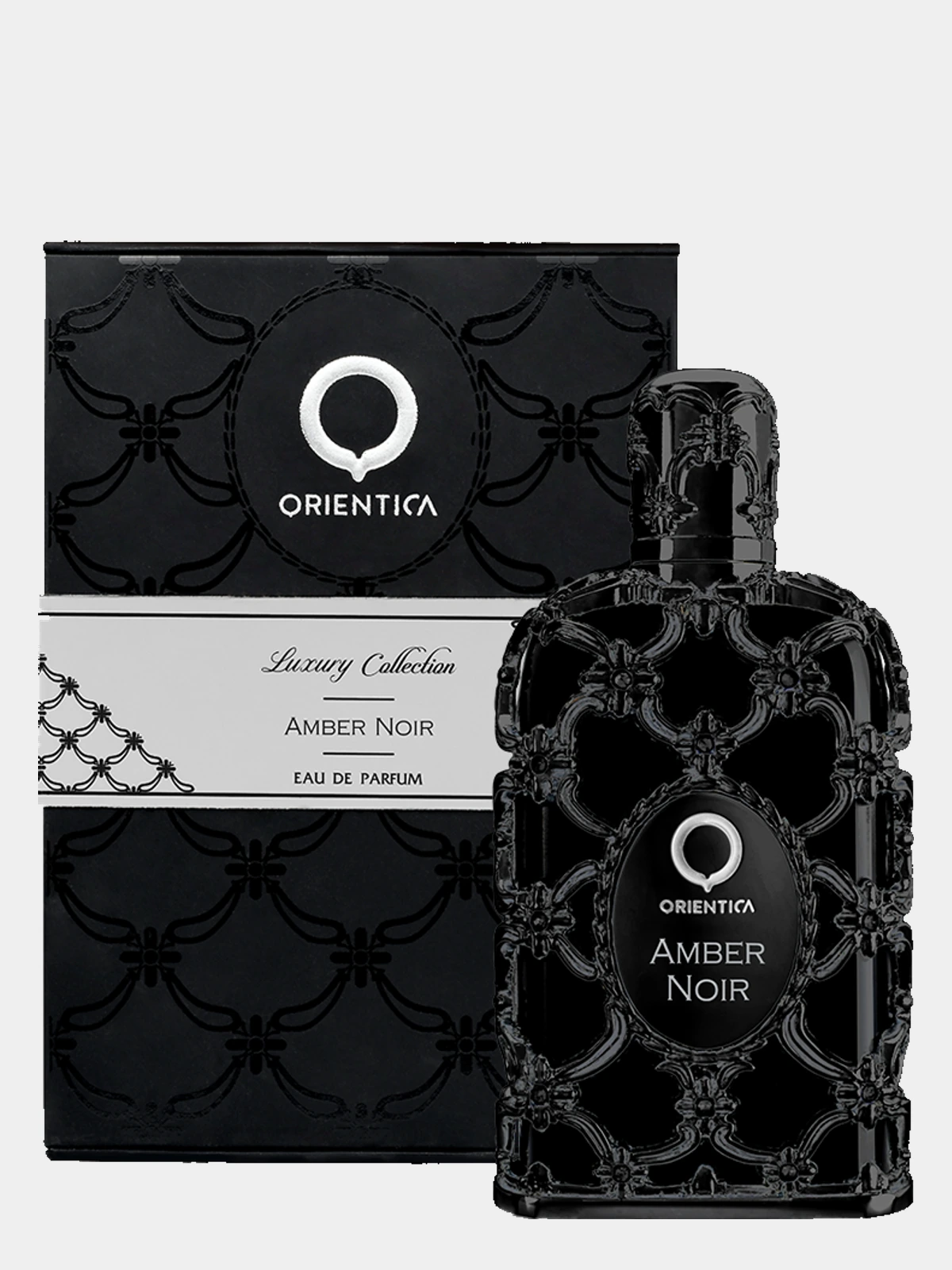 Orientica Amber Noir · Eau de Parfum 80 ml · Unisex — frasco junto a su caja