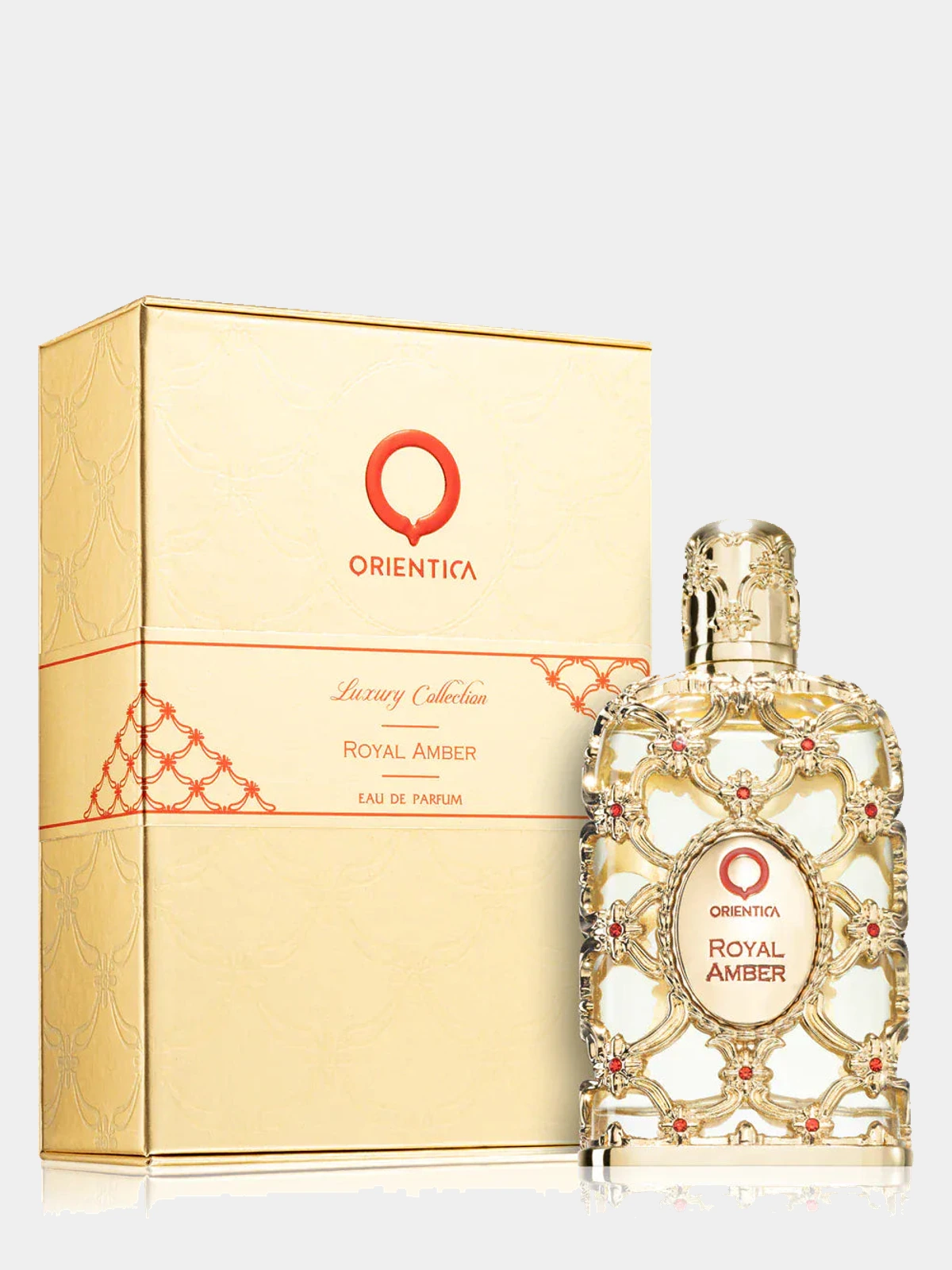 Orientica Royal Amber · Eau de Parfum 80 ml · Unisex — frasco junto a su caja