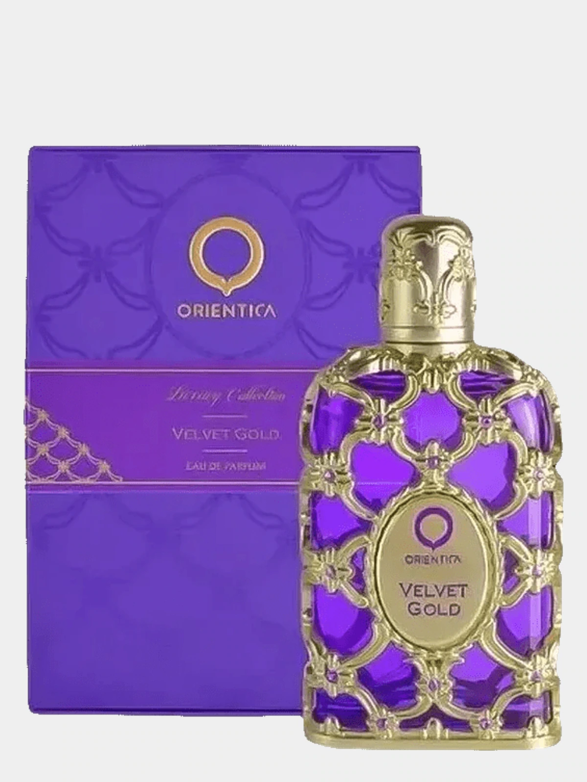 Orientica Velvet Gold · Eau de Parfum 80 ml · para Mujer — frasco junto a su caja de frente