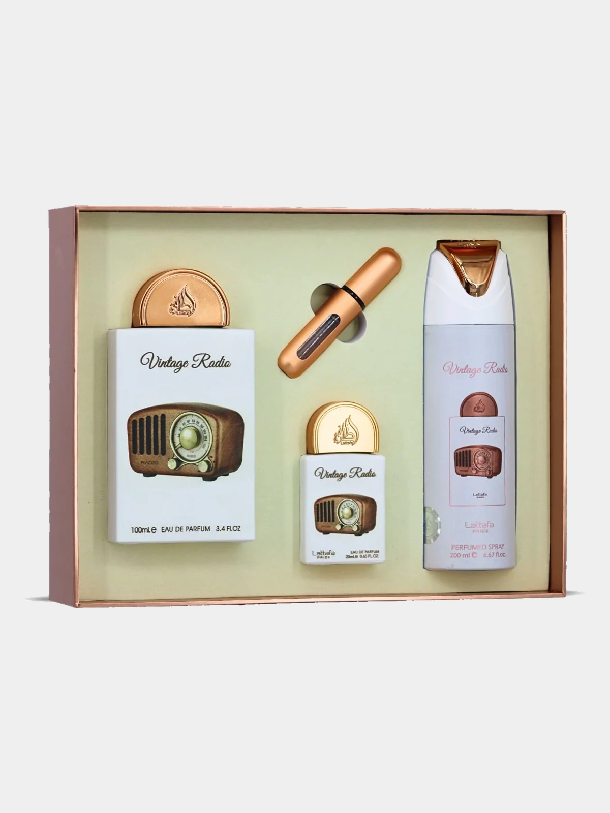 Lattafa Vintage Radio · Pack Regalo Árabe — el estuche abierto con el frasco dentro