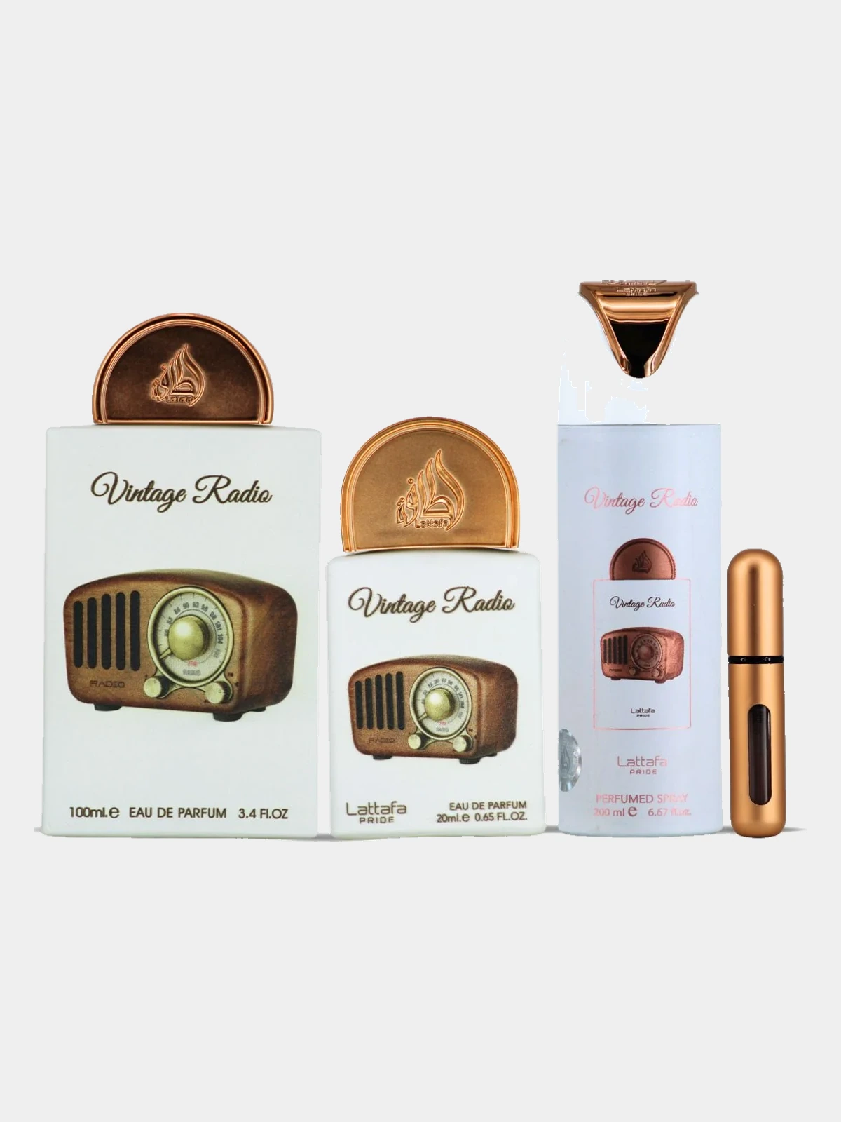 Lattafa Vintage Radio · Pack Regalo Árabe — las piezas del estuche, una junto a otra