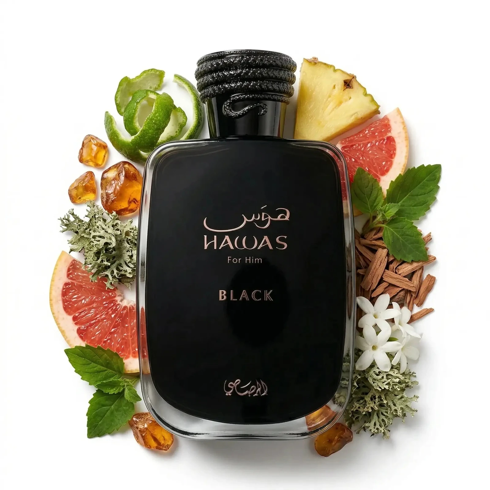 Rasasi Hawas Black · Eau de Parfum 100 ml · para Hombre — el frasco en un bodegón de ingredientes