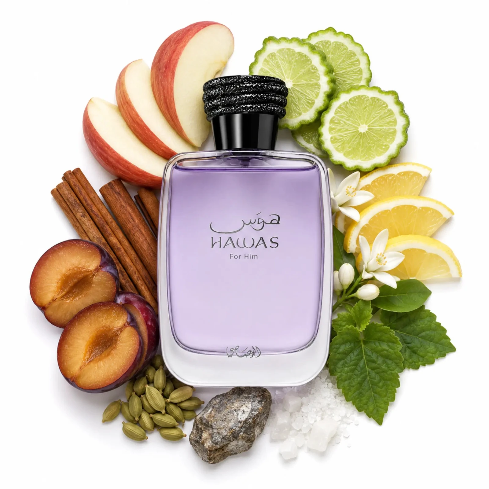 Rasasi Hawas · Eau de Parfum 100 ml · para Hombre — el frasco en un bodegón de ingredientes